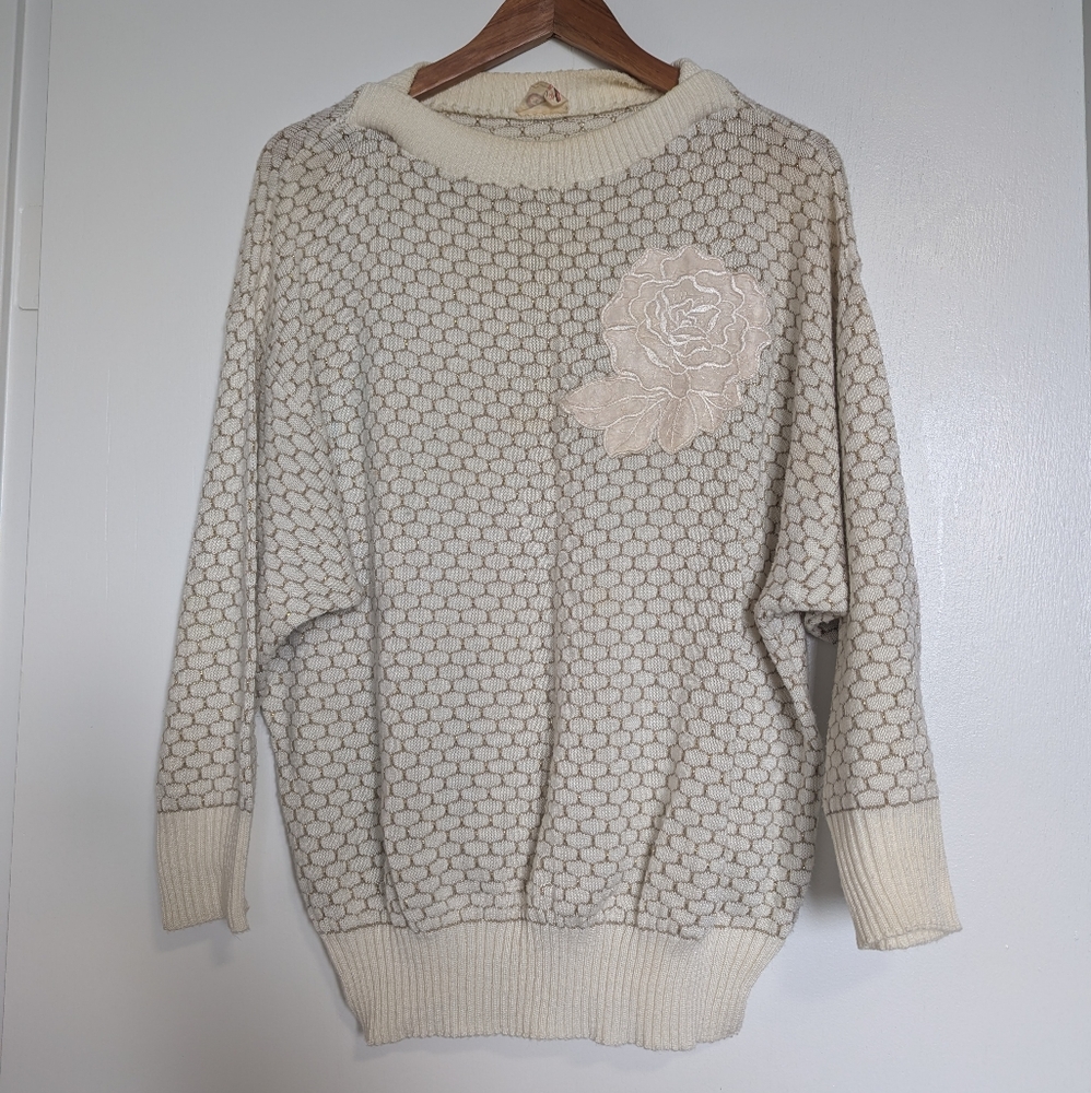 Vintage Excelsior Metallic Cream and Gold Batwing Sweater With Flower Applique